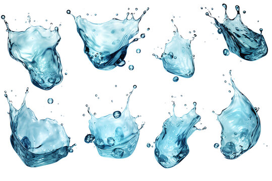 An assemblage of water sheet images. Isolated on a transparent PNG background.