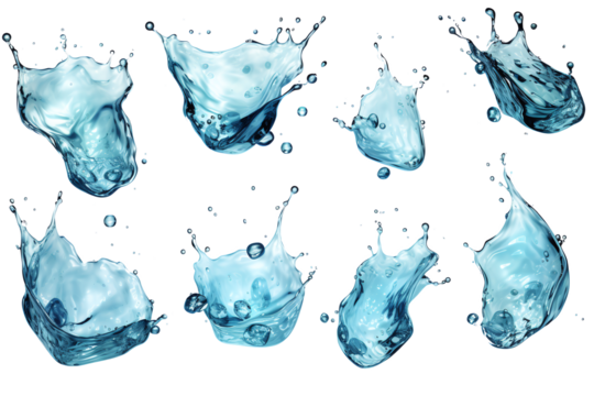 An assemblage of water sheet images. Isolated on a transparent PNG background.
