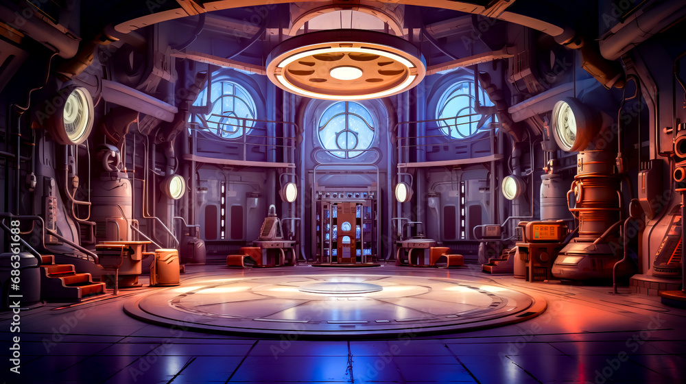 Poster set of sci - fi movie set with large circular doorway.
