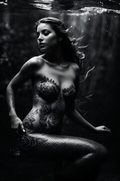 Mermaid in the Wild - Artistic black and white photography portrait of a tattooed mermaid photographed in the wild underwater in the sea.