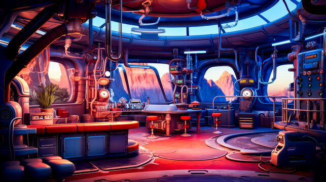 Sci - fiish space station with view of mountains in the distance.
