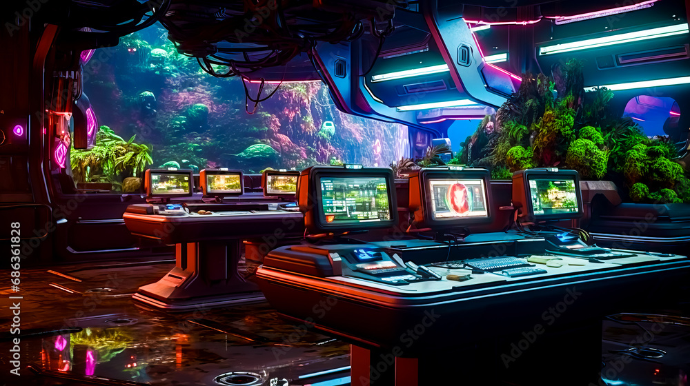 Poster sci - fi space station with computers and other electronic equipment in the foreground.