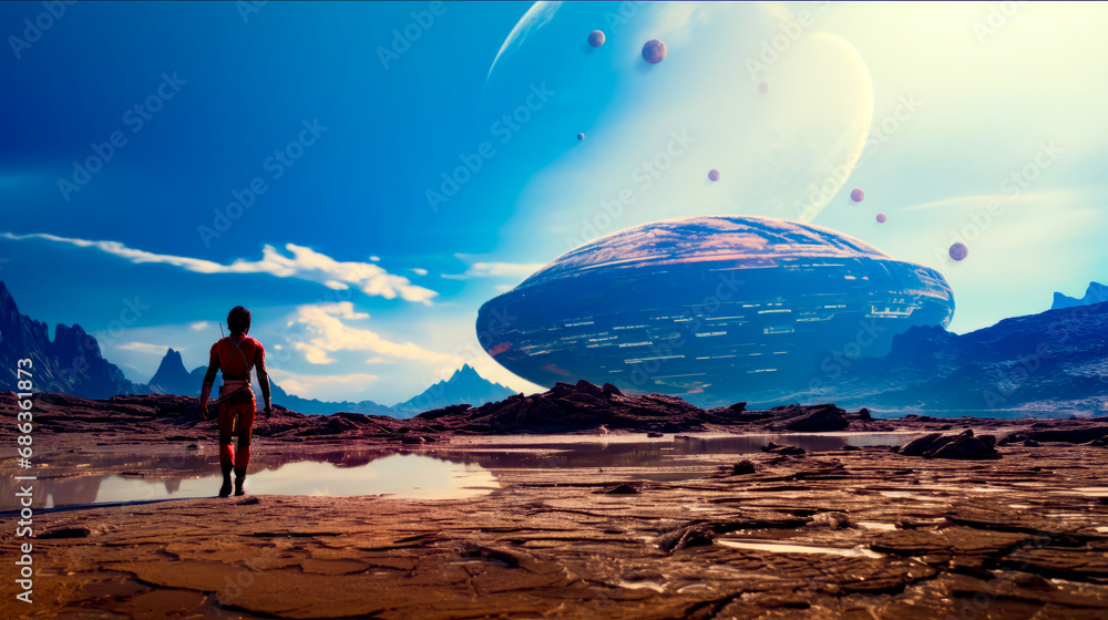 Poster man in red space suit standing in front of giant object.
