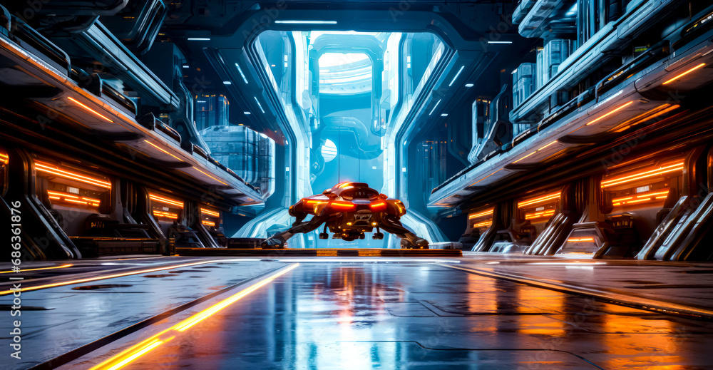 Poster futuristic space station with spaceship in the foreground and lights in the background.