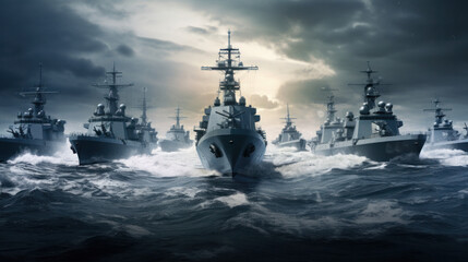 Naval fleet powering through tumultuous seas, a display of maritime might and drama