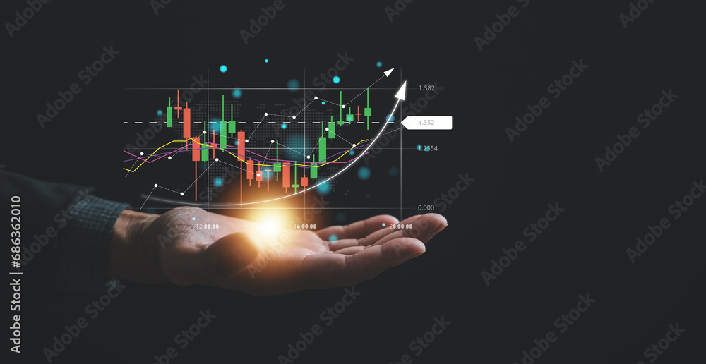 Poster navigating the complexities of the stock market, a trader or investor relies on a palm-sized device,
