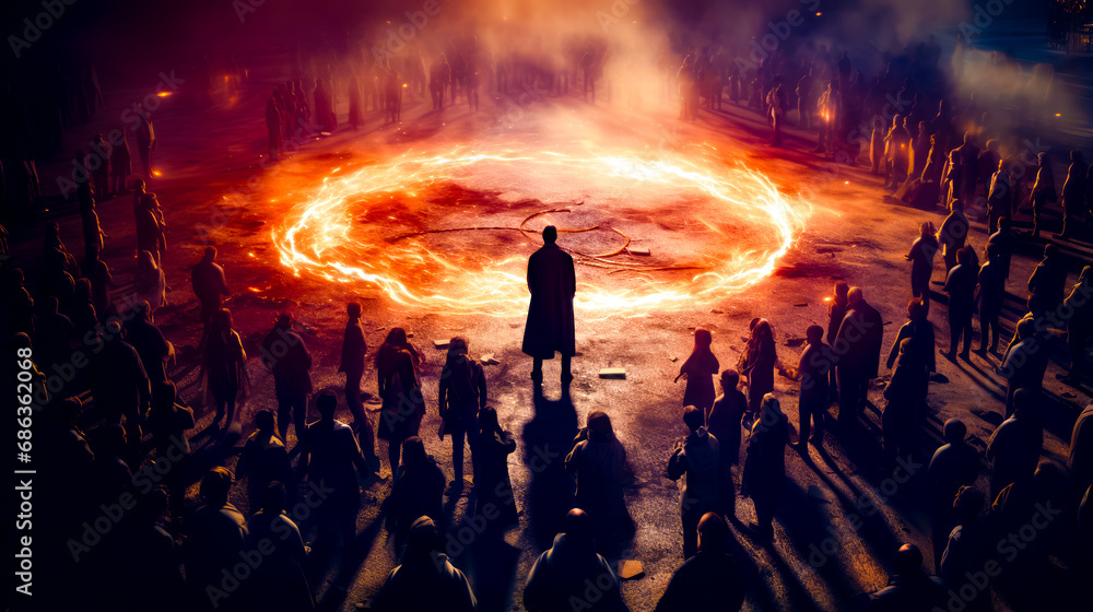 Aufkleber man standing in front of crowd of people in circle of fire.