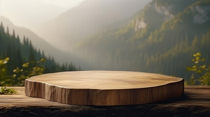 Wooden podium in natural mountain area for product display and presentation