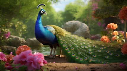 Obraz premium Majestic peacock displaying its splendid tail in a vibrant, blooming garden