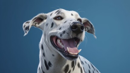 Funny portrait of a happy Dalmatian dog with an open mouth on an isolated blue background