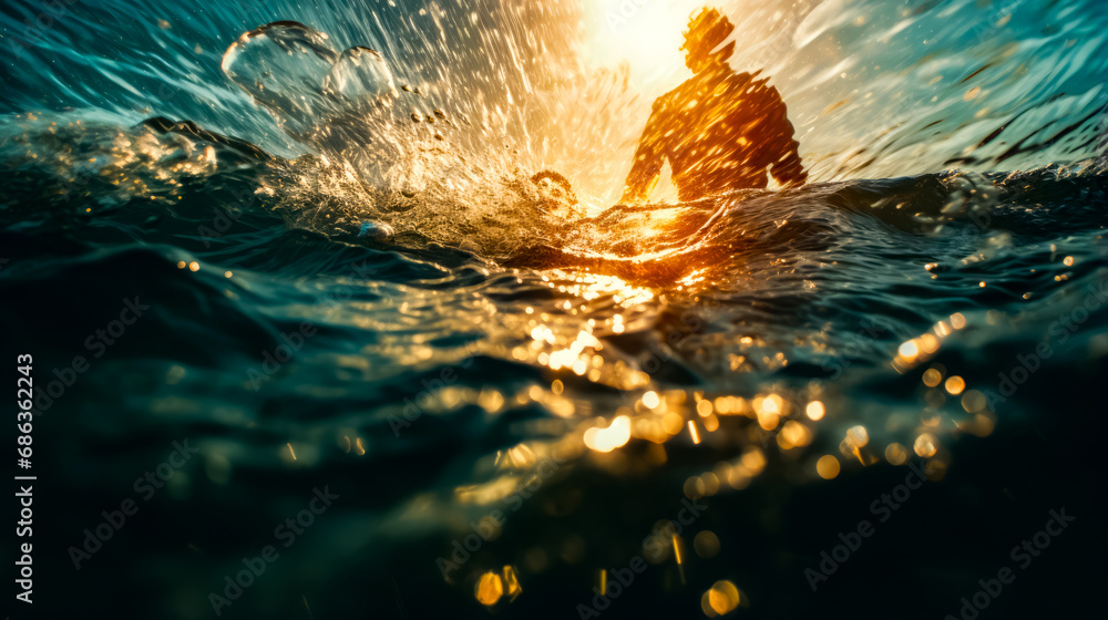 Poster man riding surfboard on top of wave in the ocean.