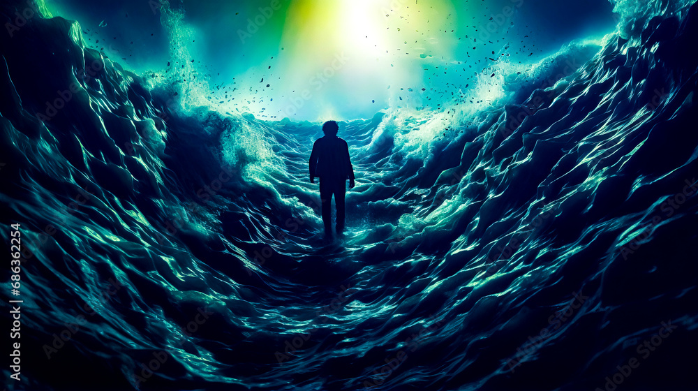 Poster man standing in the middle of large wave in the middle of the ocean.