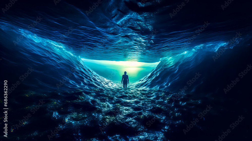 Poster man standing in the middle of tunnel in the ocean with light at the end of the tunnel.