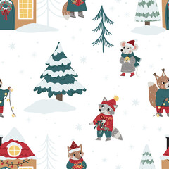 Seamless Christmas pattern with houses and cute animals. Can be used for fabric, printing on paper, cards, posters, etc.