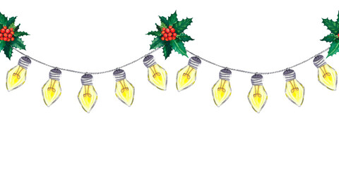 Watercolour christmas seamless border with glass garland with five yellow bulbs and holly. Hand drawn illustration isolated on white.