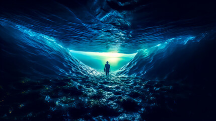 Man standing in the middle of tunnel in the ocean with light at the end of the tunnel.
