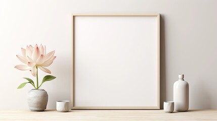 Fototapeta na wymiar beautiful blooming lotus flowers with green leaves arranged on a light grey table, in a minimalist and modern style, leaves ample space for text.