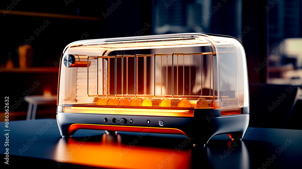 Poster toaster sitting on top of table with oranges in it.
