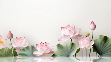 beautiful blooming lotus flowers with green leaves arranged on a light grey table, in a minimalist and modern style, leaves ample space for text.