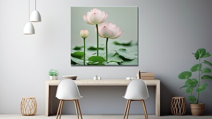 beautiful blooming lotus flowers with green leaves arranged on a light grey table, in a minimalist and modern style, leaves ample space for text.