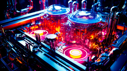 Close up of computer motherboard with lot of colorful lights.