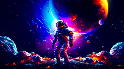 Man in space suit standing on planet with planets in the background.