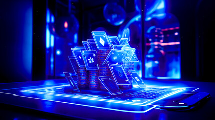 Laptop computer sitting on top of table filled with playing cards and dice.