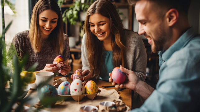 A group of friends painting Easter eggs together laughing and enjoying the activity.