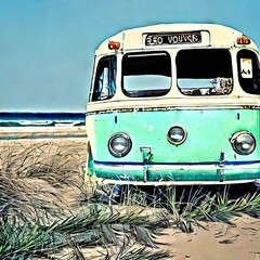 vintage 70's bus on the beach