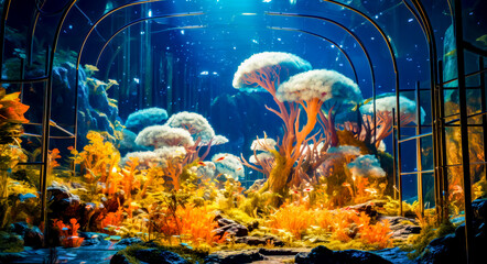 Large aquarium filled with lots of different types of plants and algaes.