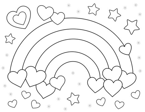 valentine day coloring page, rainbow and hearts. you can print it on standard 8.5x11 inch paper