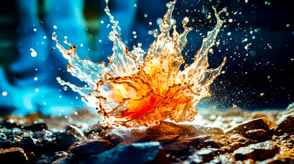 Close up of water splashing on rock with blurry background.