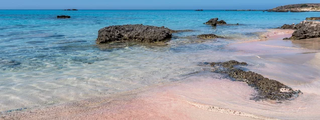 Cercles muraux  Plage d'Elafonissi, Crète, Grèce Banner of Beautiful view of Elafonisi Beach, Chania. The amazing pink beach of Crete. Elafonisi island is like paradise on earth with wonderful beach with pink coral and turquoise waters.