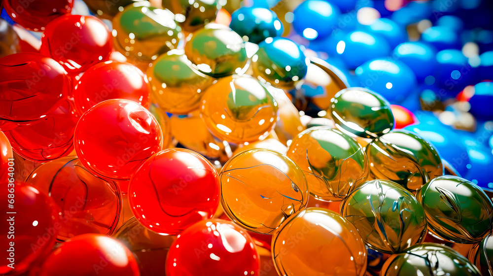 Aufkleber close up of bunch of different colored balls in display case.