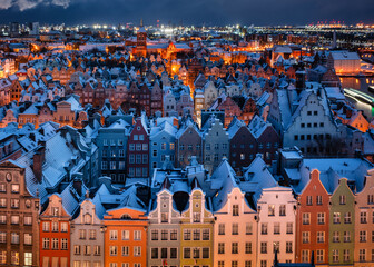 Aerial view of the beautiful main city in Gdansk at winter, Poland