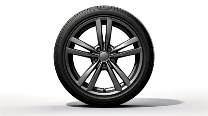 Fototapeta premium Car tire on white background with shadow from the front wheel.