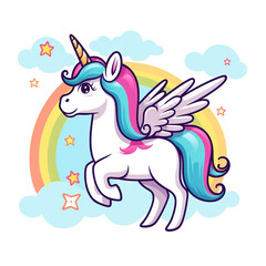 This is a cartoon image of a white unicorn with a rainbow mane and tail. The unicorn has a golden horn and wings. Generative AI