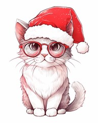 Cute Christmas kitty cat wearing Santa's hat and framed eye glasses illustration isolated on white background.