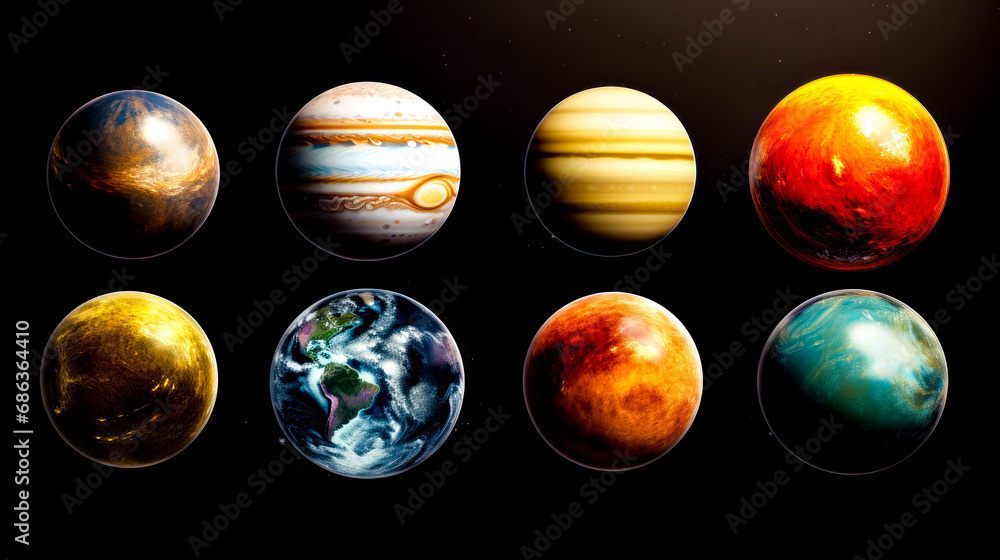 Poster the planets of the solar system, with all of them in different positions.