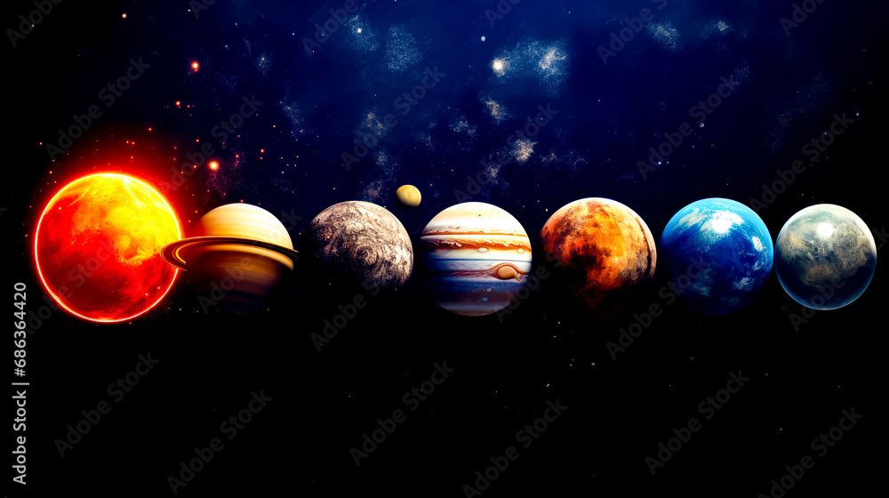 Poster row of planets with the sun in the middle and stars in the background.
