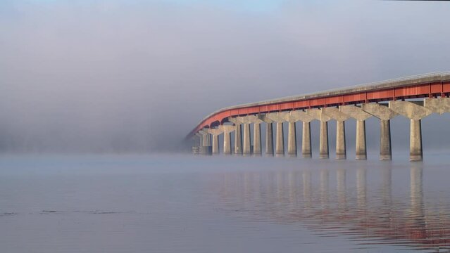 bridge over Tennessee River from Tennessee to Alabama, foggy November sunrise - Natchez Trace National Parkway 