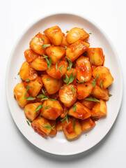 Fried potato on white plate. Potatas bravas	