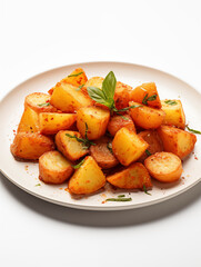 Fried potato on white plate. Potatas bravas	