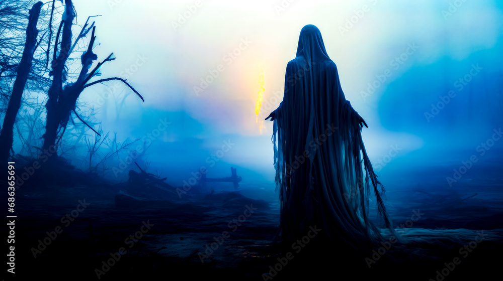 Poster ghostly figure standing in foggy field with cross in the background.