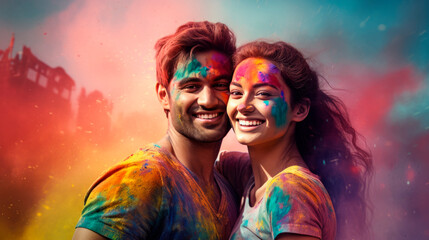 Fototapeta premium A young couple of a guy and a girl at the celebration of the Holi festival. Traditions of the Holya Festival. A bright colorful portrait of a young couple. 