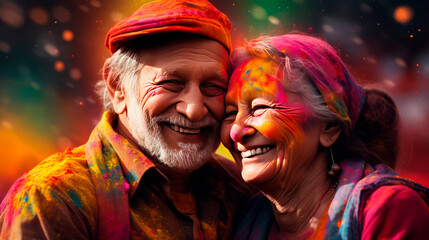 An elderly couple, a man and a woman, at the celebration of the Holi festival. Traditions of the Holya Festival. A bright colorful portrait of a married couple. 
