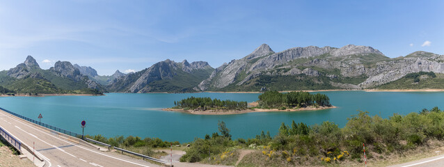 Panoramic view at the Riaño Reservoir, located on Picos de Europa or Peaks of Europe, a mountain range forming part of the Cantabrian Mountains in northern Spain