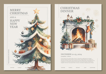 Merry Christmas and Happy New Year 2024, Watercolor Posters, Menu or Invitation card for Print. Editable vector files with Festive Watercolor objects. A Cozy and Warm feeling for the Holidays. - obrazy, fototapety, plakaty