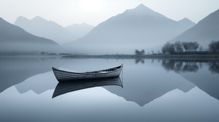 Serene Canoe on a Misty Mountain Lake at Dawn - obrazy, fototapety, plakaty