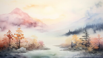A series of delicate watercolor landscapes, capturing the beauty of nature with soft hues and a seamless blend of artistic strokes.